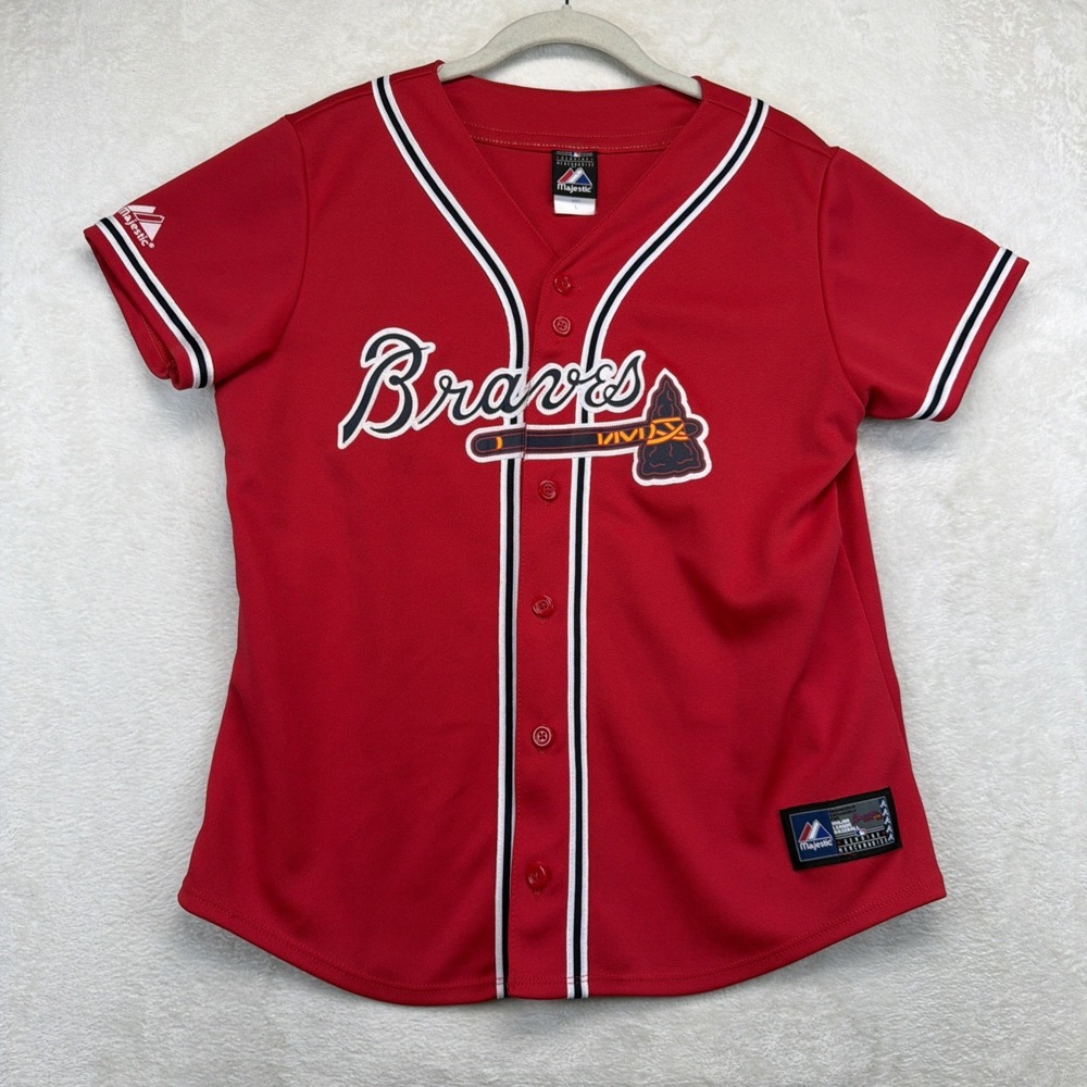 Atlanta Braves Majestic Women's MLB Baseball Jersey Red Button Front Large